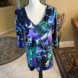CLARA SUNWOO Black V-Neck Tunic with Blue, Green & Purple Floral Print